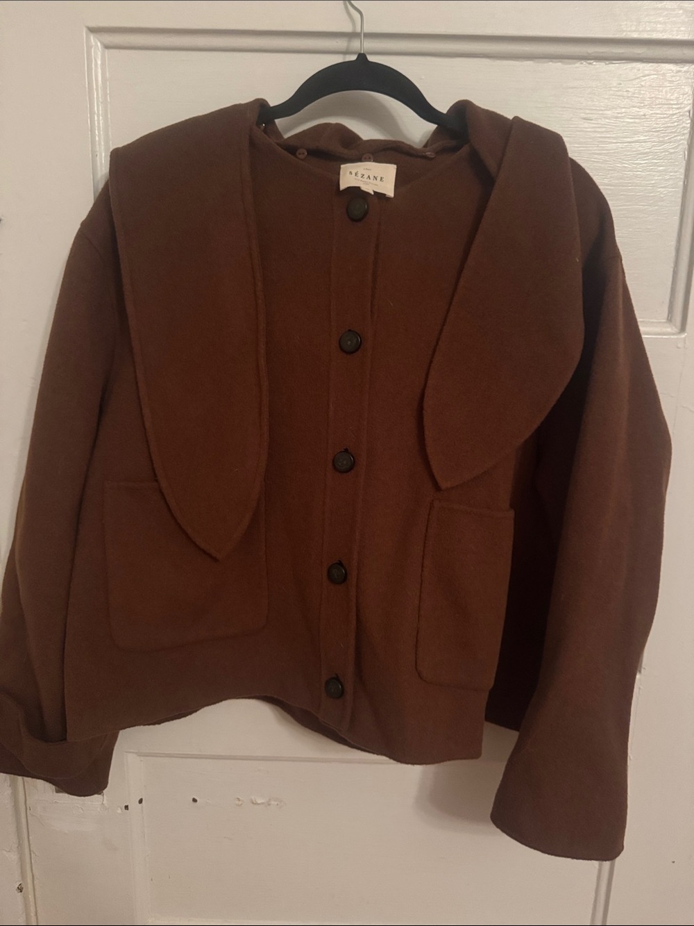 Sezane Chestnut Brown Wool Pea Coat with Wide Collar